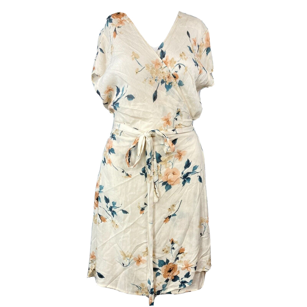 Final Touch Dress Womens Sz M‎ Beige Peach Blue Floral Short Sleeve Wrap Mini